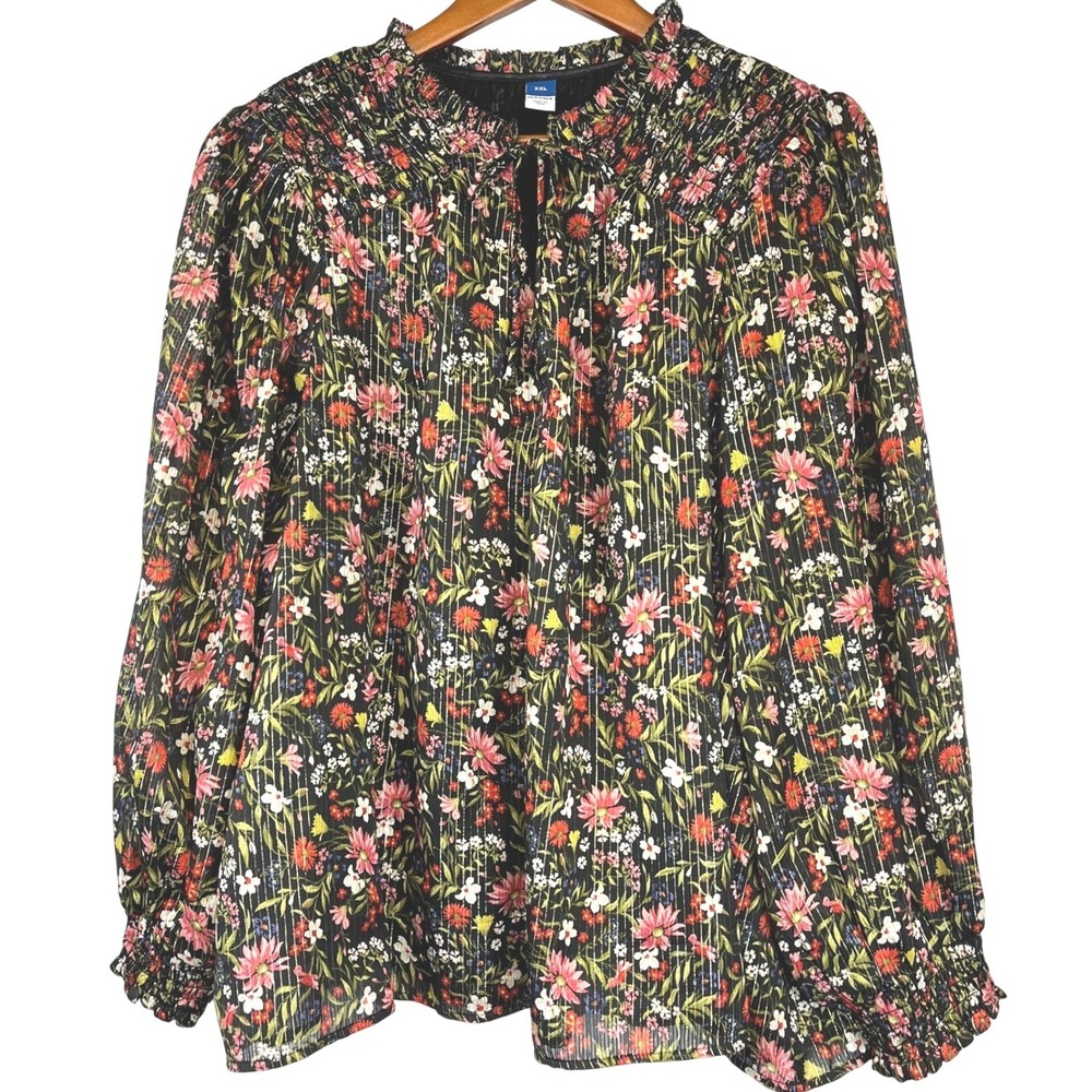 Old Navy XXL Floral Smocked Neck Top Gold‎ Metallic Stripe Fem Dark Fairy Garden